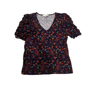 Loft Women’s Navy, Maroon Floral Blouse Ruffled Sleeves Sz. L